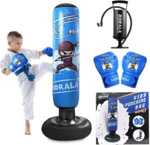 Inflatable Punching Bag for Kids with Boxing Gloves and Manual Air Pump, 66 Inch Children's Boxing Bag Set for Boys and Girls Gift Aged 3 to 12 to Practice Karate, Taekwondo